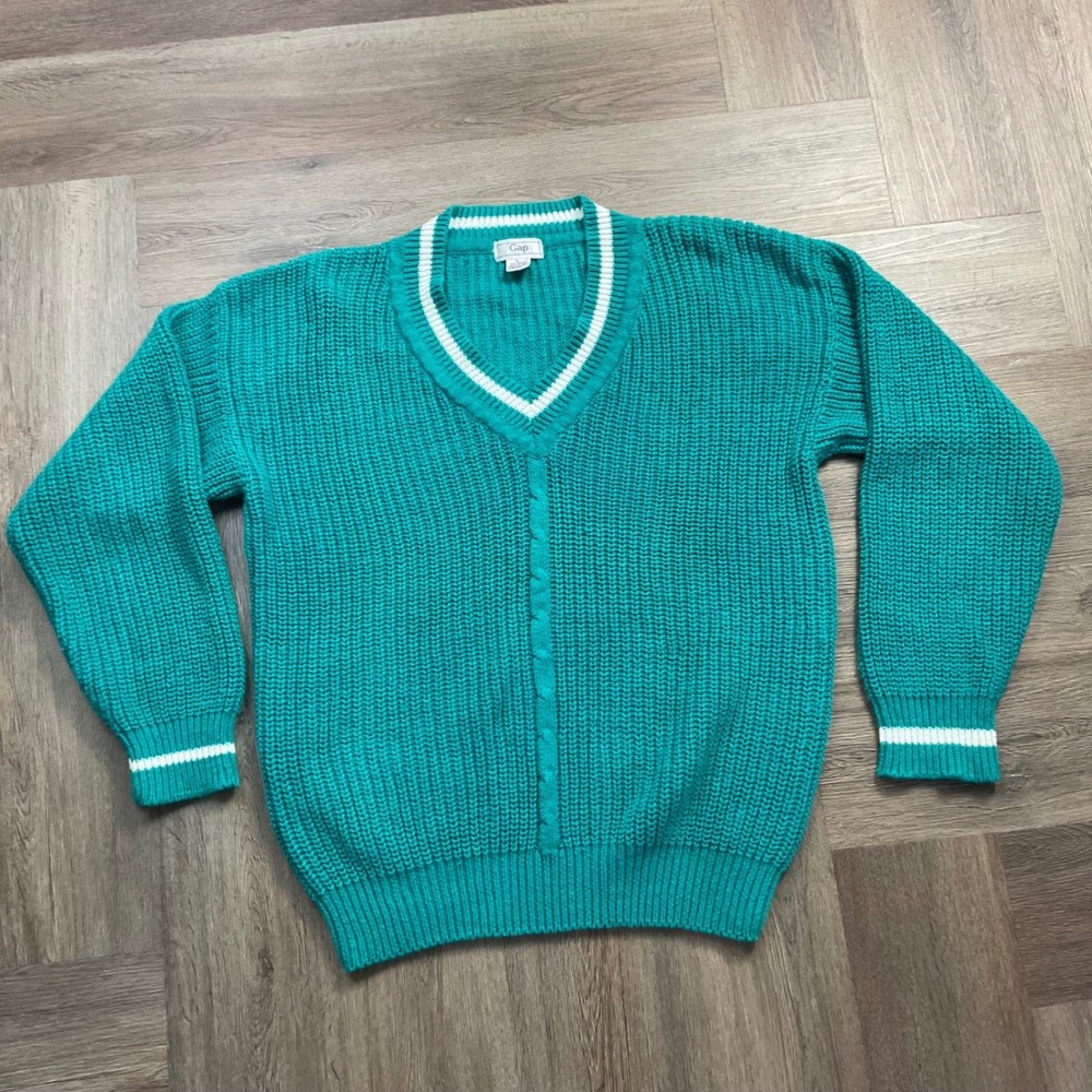 Vintage 90s Gap Shaker Knit V Neck Preppy Sweater Women Medium Teal Green White